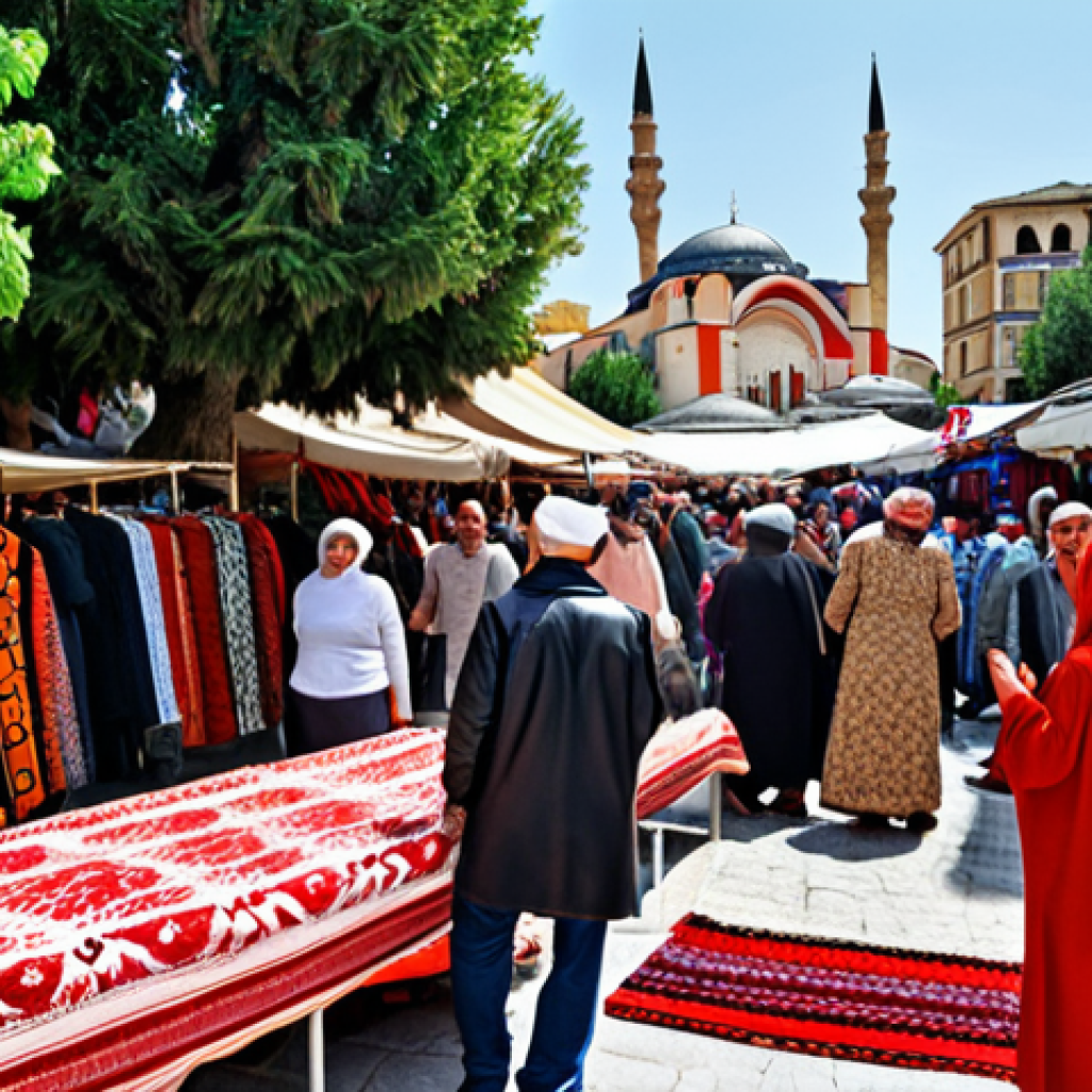 **A vibrant, colorful bazaar in Tirana, Albania. People are bargaining for goods, showcasing traditional Albanian textiles with intricate patterns. In the background, the Et'hem Bey Mosque minaret rises above the bustling crowd. Capture the energy and cultural richness of the scene, focusing on the diverse faces and clothing styles.** (This prompt aims to capture the essence of Albanian culture and markets).