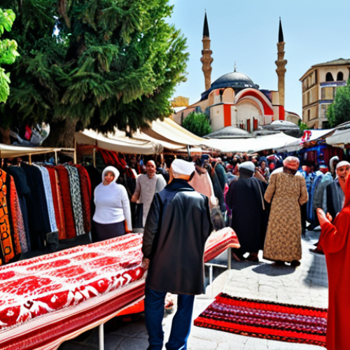 Home 11 **A vibrant, colorful bazaar in Tirana, Albania. People are bargaining for goods, showcasing traditional Albanian textiles with intricate patterns. In the background, the Et'hem Bey Mosque minaret rises above the bustling crowd. Capture the energy and cultural richness of the scene, focusing on the diverse faces and clothing styles.** (This prompt aims to capture the essence of Albanian culture and markets).