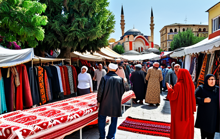 **A vibrant, colorful bazaar in Tirana, Albania. People are bargaining for goods, showcasing traditional Albanian textiles with intricate patterns. In the background, the Et'hem Bey Mosque minaret rises above the bustling crowd. Capture the energy and cultural richness of the scene, focusing on the diverse faces and clothing styles.** (This prompt aims to capture the essence of Albanian culture and markets).