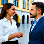 A professional male and female, both in their late 20s, engaged in a respectful, professional conversation in a brightly lit modern Balkan city square, featuring subtle elements of traditional architecture in the background. The man is wearing a crisp business shirt and a smart casual jacket, and the woman is dressed in a modest, elegant blouse and tailored trousers. Both are fully clothed in appropriate attire, showcasing professional dress. The scene is captured with high-resolution, professional photography, emphasizing perfect anatomy, correct proportions, natural poses, well-formed hands, proper finger count, and natural body proportions. The atmosphere is vibrant and positive. safe for work, appropriate content, fully clothed, professional.