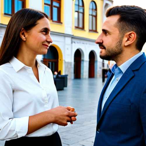 Home 6 A professional male and female, both in their late 20s, engaged in a respectful, professional conversation in a brightly lit modern Balkan city square, featuring subtle elements of traditional architecture in the background. The man is wearing a crisp business shirt and a smart casual jacket, and the woman is dressed in a modest, elegant blouse and tailored trousers. Both are fully clothed in appropriate attire, showcasing professional dress. The scene is captured with high-resolution, professional photography, emphasizing perfect anatomy, correct proportions, natural poses, well-formed hands, proper finger count, and natural body proportions. The atmosphere is vibrant and positive. safe for work, appropriate content, fully clothed, professional.