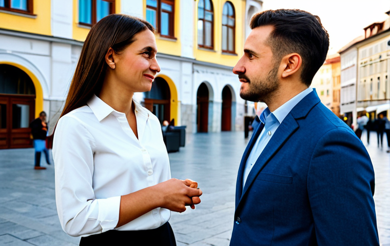 A professional male and female, both in their late 20s, engaged in a respectful, professional conversation in a brightly lit modern Balkan city square, featuring subtle elements of traditional architecture in the background. The man is wearing a crisp business shirt and a smart casual jacket, and the woman is dressed in a modest, elegant blouse and tailored trousers. Both are fully clothed in appropriate attire, showcasing professional dress. The scene is captured with high-resolution, professional photography, emphasizing perfect anatomy, correct proportions, natural poses, well-formed hands, proper finger count, and natural body proportions. The atmosphere is vibrant and positive. safe for work, appropriate content, fully clothed, professional.