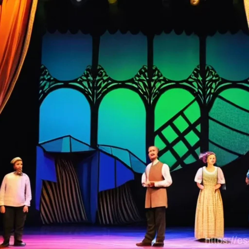 알바니아에서 연극 관람 - **Prompt:** A vibrant and dynamic scene from a contemporary play being performed on a beautifully li...