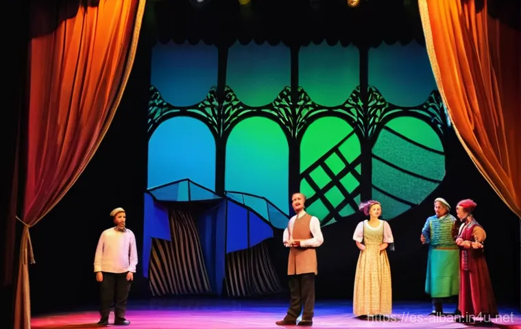 알바니아에서 연극 관람 - **Prompt:** A vibrant and dynamic scene from a contemporary play being performed on a beautifully li...