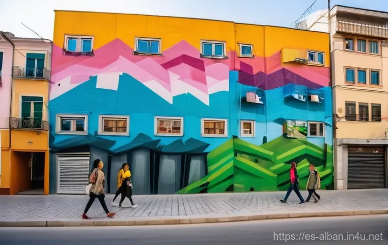 알바니아 현대 미술 - **Vibrant Urban Art in Tirana**
"A wide-angle shot of a lively, colorful street in Tirana, Alban...