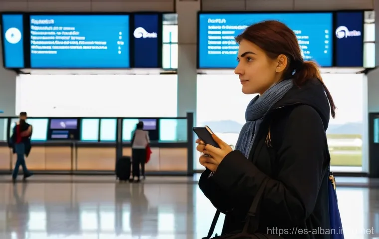 알바니아 SIM 카드 구입 - **Prompt:** A young female traveler in her late 20s, with a sense of hopeful anticipation, stands in...