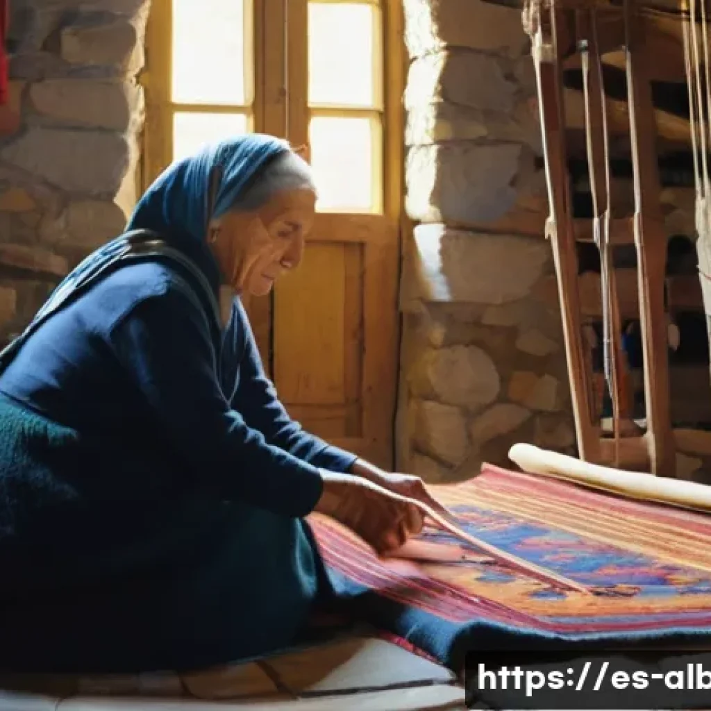 알바니아 기념품 추천 - **Albanian Kilim Weaver in a Sunlit Workshop.**
    A hyperrealistic, vibrant, and richly textured i...