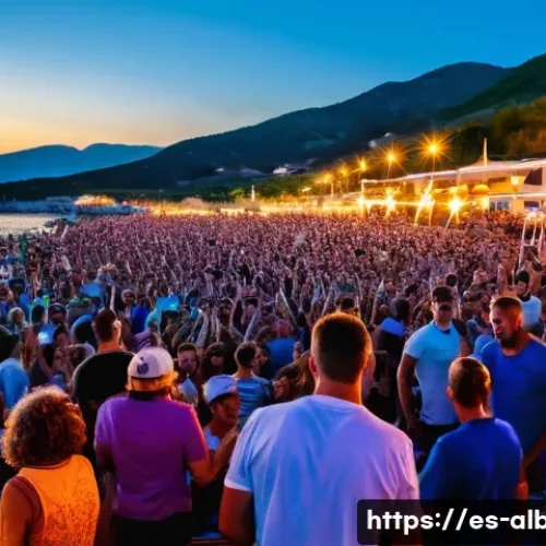 알바니아에서 여름 페스티벌 - A vibrant outdoor music festival on the Albanian Adriatic coast at sunset, featuring a diverse crowd...