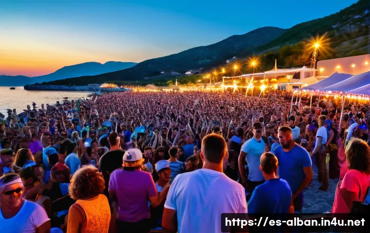 알바니아에서 여름 페스티벌 - A vibrant outdoor music festival on the Albanian Adriatic coast at sunset, featuring a diverse crowd...