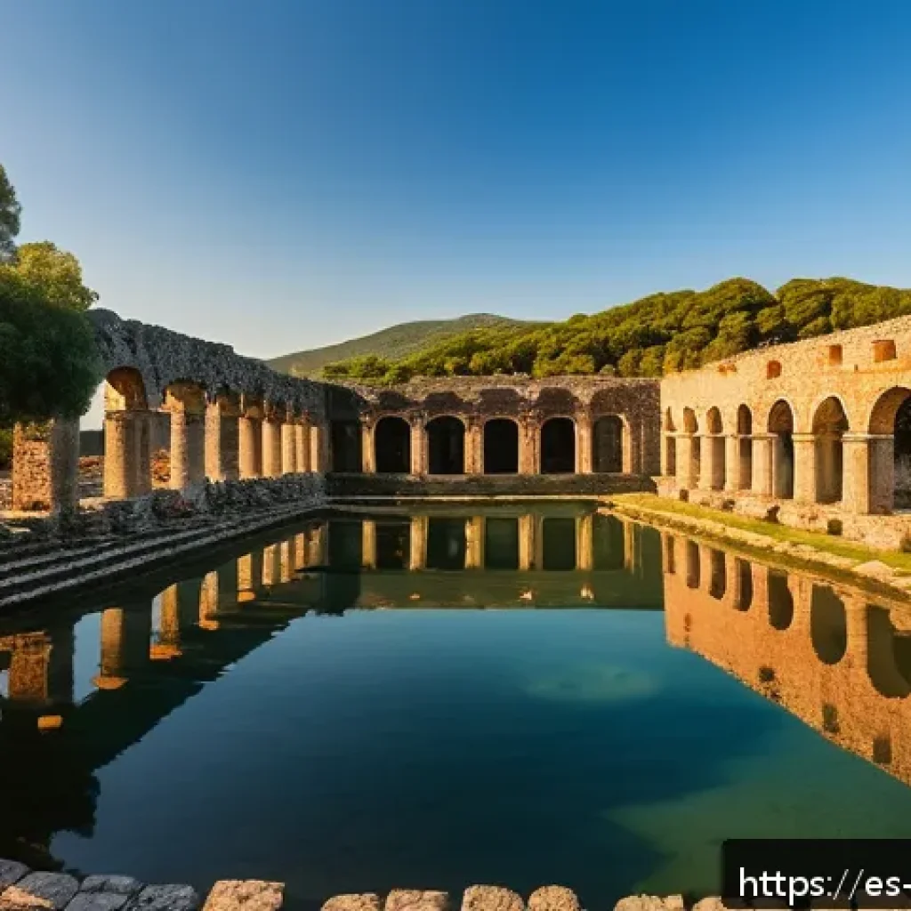 알바니아에서 유럽 문화 체험 - A panoramic view of the ancient ruins of Butrint at sunrise, showcasing well-preserved Roman and Gre...