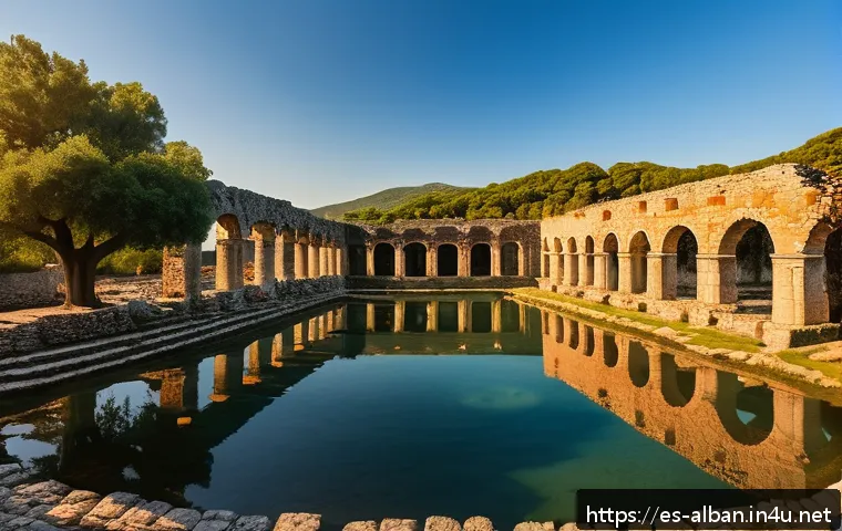 알바니아에서 유럽 문화 체험 - A panoramic view of the ancient ruins of Butrint at sunrise, showcasing well-preserved Roman and Gre...