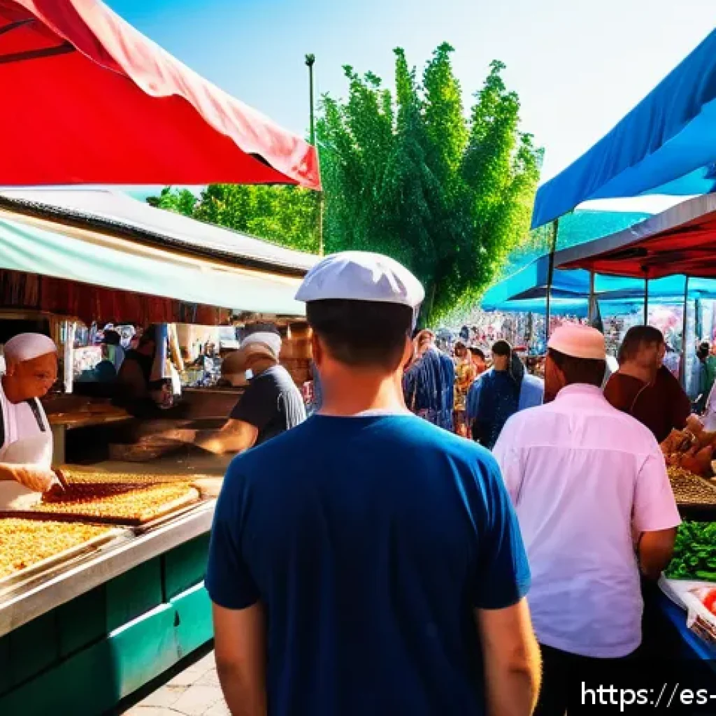 알바니아에서 길거리 음식 - A vibrant street food scene in Tirana, Albania, featuring a busy outdoor market with colorful stalls...