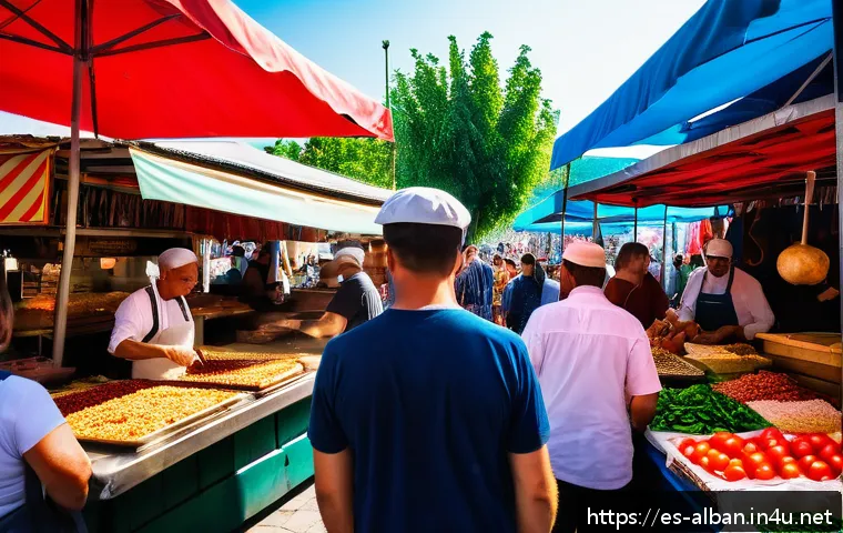 알바니아에서 길거리 음식 - A vibrant street food scene in Tirana, Albania, featuring a busy outdoor market with colorful stalls...