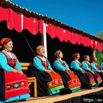 알바니아 음악 스타일 - A vibrant traditional Albanian music festival scene in southern Albania, featuring women in colorful...