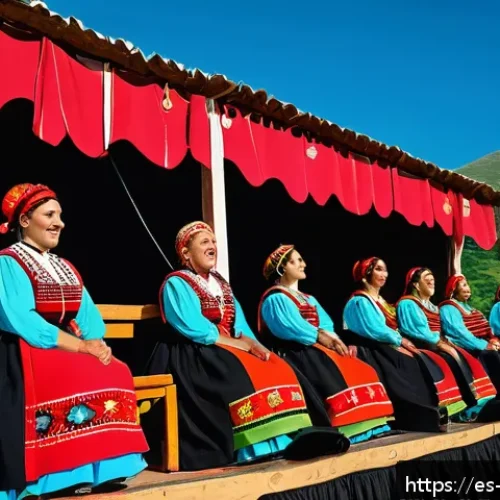 알바니아 음악 스타일 - A vibrant traditional Albanian music festival scene in southern Albania, featuring women in colorful...