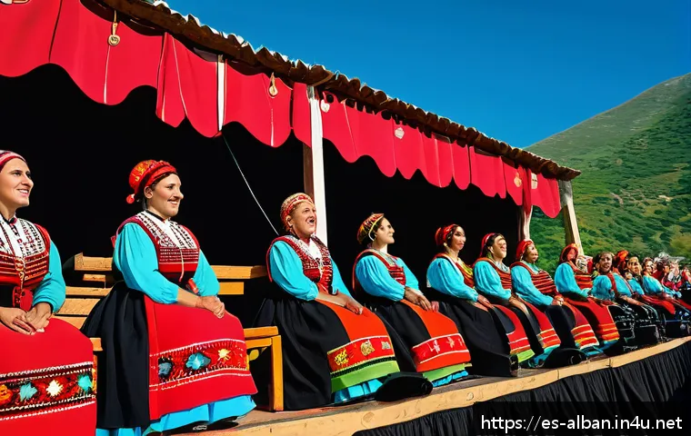 알바니아 음악 스타일 - A vibrant traditional Albanian music festival scene in southern Albania, featuring women in colorful...