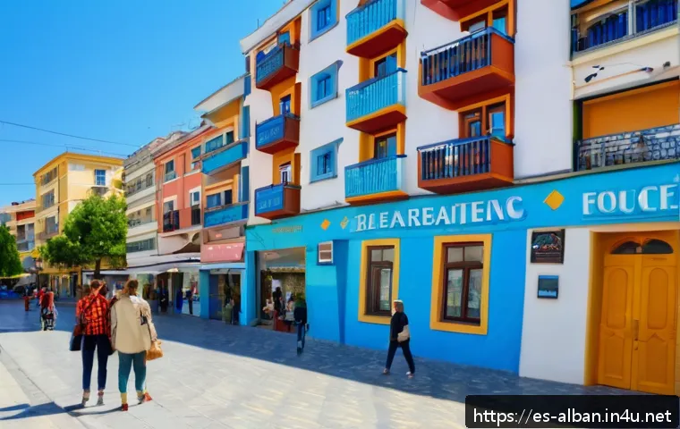 알바니아 이민 조건 - A vibrant street scene in Tirana, Albania, showcasing a diverse group of expatriates and locals inte...