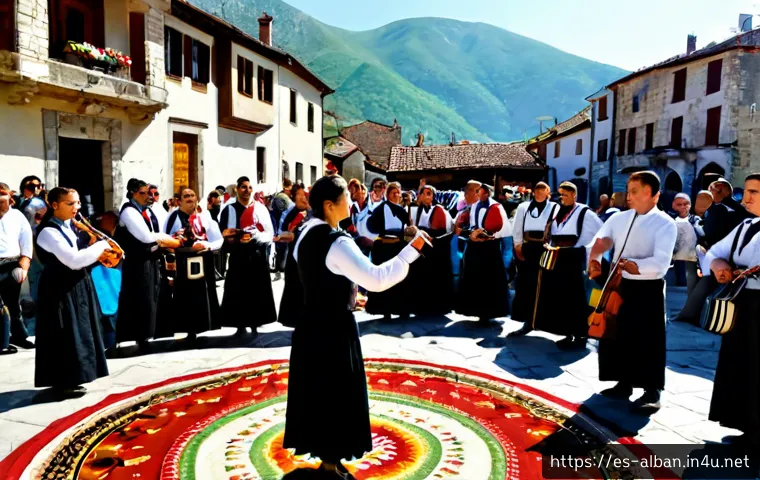 알바니아 주요 축제 - Photorealistic Albanian spring festival in a historic Balkan town square, diverse local families in ...