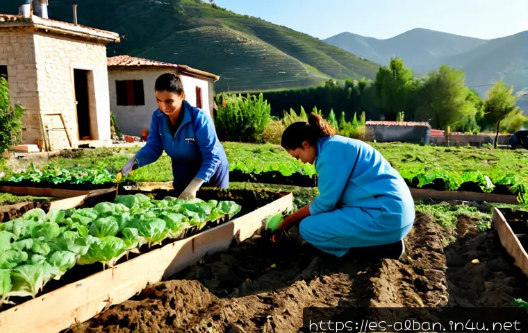 Home 15 알바니아에서 NGO 활동 - Photorealistic documentary-style scene of a diverse NGO team working with Albanian villagers in a su...